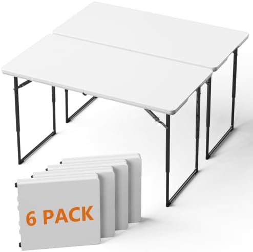 6 Pack 4 FT Folding Table with Adjustable Height, Heavy Duty Fold in Half Utility Table, Portable Plastic Picnic Table, No Assembly Card Table for Camping, BBQ, Party, RV Travel
