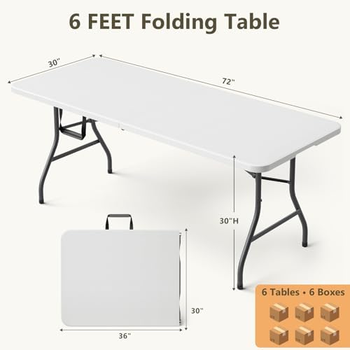5FT Folding Table 6 Pack, Heavy Duty Fold in Half Plastic Tables with Carry Handle, Portable Indoor Outdoor Utility Table for Party, Picnic, Camping, Banquet, Wedding, RV Travel