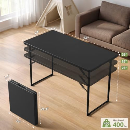Folding Table 4FT Heavy Duty Plastic Table with Handle, Foldable&Portable, Fold-in-Half Utility Tables for Outdoor, Dining, Wedding, Events, Indoor, Picnic, Camping, Party, Black