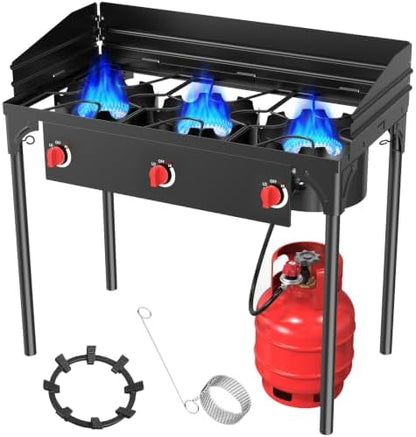 BESTFIRE 3 Burner Camping Stove, 225,000 BTU Propane Stove with Detachable Windscreen, Removable Legs & 20 PSIG Regulator&Octagonal Auxiliary Shelf&Ignition wire for Outdoor Cooking, Canning, BBQ