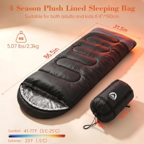 Sleeping Bags for Adults & Kids for Camping Hiking Trips Warm Cool Weather, Lightweight and Waterproof with Compression Bag, 3-4 Season Indoors Outdoors Activities
