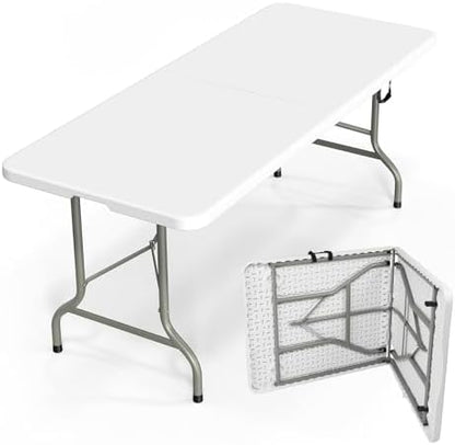 Bonnlo Folding Table 6ft, Portable Collapsible Plastic White Long Tables for Party, Camping, Banquet, Craft, Dining, Wedding, Outdoor and Indoor Use