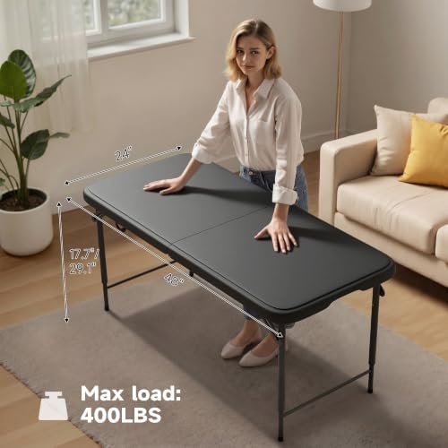 4 FT Folding Table, 3-Position Adjustable Height, Heavy Duty 400 lbs Capacity, Portable Table for Camping, Party, Indoor & Outdoor (Black, 1 Pack)