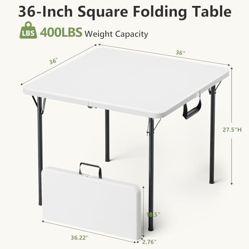 36 Inch Folding Table 2 Pack, Square Foldable Card Table with Carrying Handle, No Assembly, Portable Indoor Outdoor Utility Table for Party, Picnic, Camping, Game Night, RV Travel