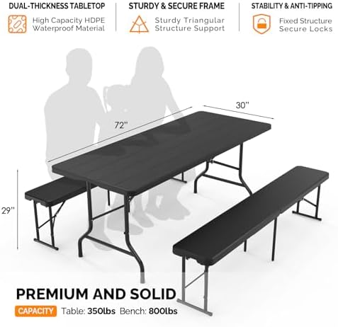 Bonnlo Black Folding Picnic Table Set with 2 Benches, 6 Feet Camping Table Chair Set, Modern Portable 3-Piece Furniture for Indoor/Outdoor Use, White Folding Picnic Table with Smooth Tabletop