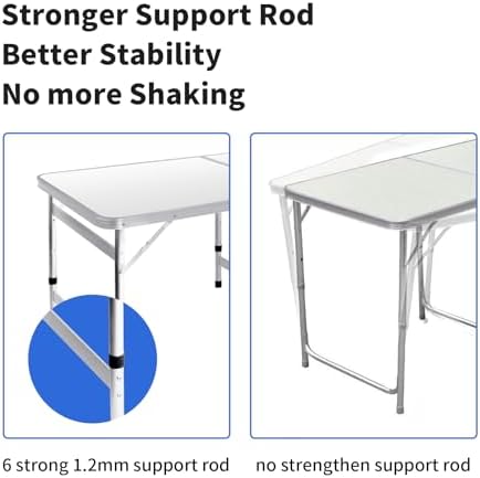 Moosinily Camping Table 6FT Folding Table Large 3 Adjustable Height Portable Picnic Table Camp Aluminum Outdoor Picnic BBQ White