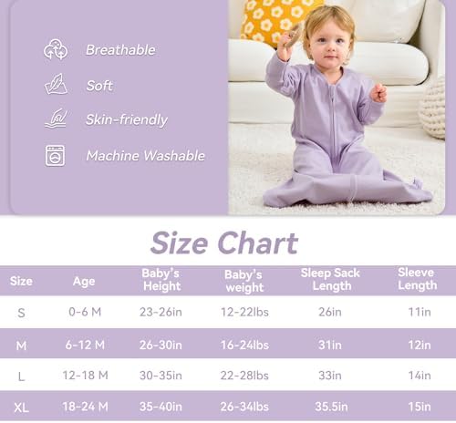 Baby Sleep Sack 12-18 Months, Long Sleeve Baby Wearable Blanket 0.5 Tog with Mittens, 2-Way Zipper Toddler Cotton Sleeping Sack for Boy and Girl Purple Butterfly 2 Pack(Large)
