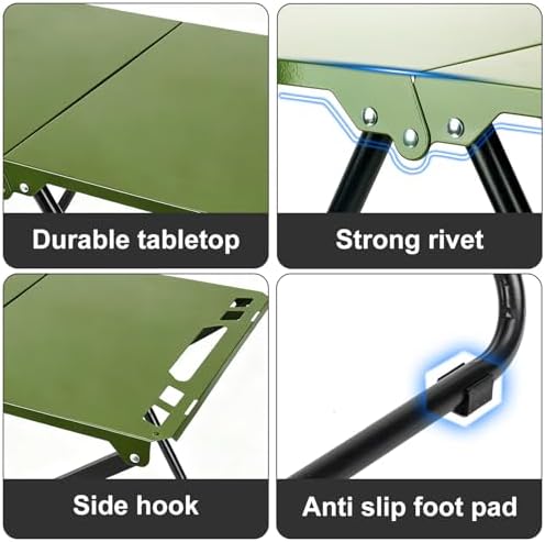 Tactical Camping Table, Collapsible Table Lightweight with Carry Bag, Durable Carbon Steel Outdoor Picnic Table for Camping, Travel expeditions, Hiking, Picnics, BBQs & Beach Trips - Green