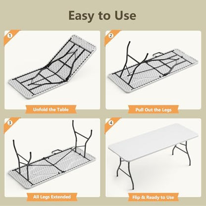 6FT Folding Table 4 Pack, Heavy Duty Fold in Half Plastic Tables with Carry Handle, Portable Indoor Outdoor Utility Table for Party, Picnic, Camping, Banquet, Wedding, RV Travel