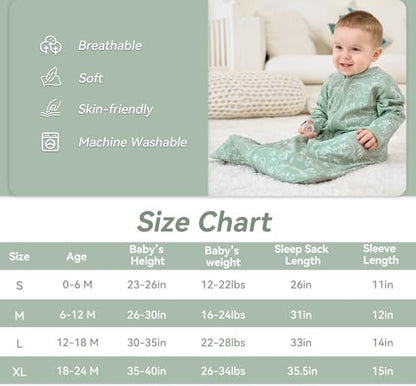 Baby Sleep Sack 18-24 Months, Long Sleeve Baby Wearable Blanket 0.5 Tog with Mittens, 2-Way Zipper Toddler Cotton Sleeping Sack for Boy and Girl Green Dinosaur 2 Pack(XLarge)