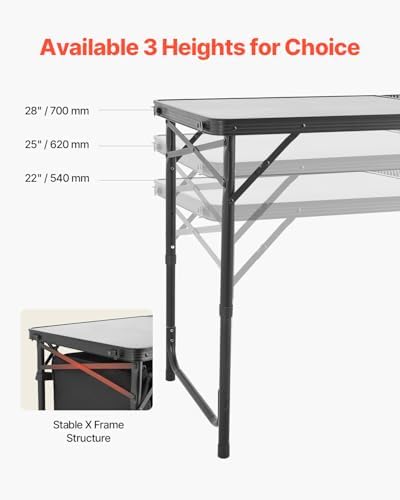 VEVOR Camping Kitchen Table, Folding Outdoor Cooking Table, 3 Adjustable Heights, Aluminum Lightweight Portable Cook Station with Storage Organizer, Carry Handle, for BBQ Party Picnic RV Travel, Black