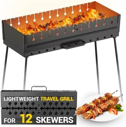 Charcoal Grill for 12 Skewers - Portable BBQ Mangal - Foldable Metal Grill for Shashlik, Kebab, Picnic, Outdoor Cooking (Skewers Not Included)