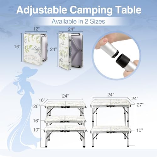 RedSwing 2ft Square Portable Camping Table, Adjustable Height Aluminum Foldable Table with Carry Handle, Lightweight Outdoor Indoor Picnic Samll Card Table for Camping, BBQ, Beach, Hiking