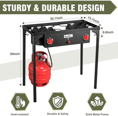 BESTFIRE 2 Burner Camping Stove,150,000 BTU High Pressure Outdoor Propane,4ft 20 PSI Adjustable Regulator Hose With Removable Legs for Backyard Cooking Camping Home