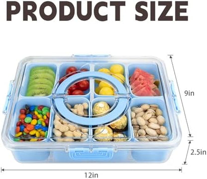 Divided Serving Tray with Lid and Handle,8 Compartments Snacks Box,Snack Fruit Veggie Tray,Portable Platter for Candy Fruits Nuts Snack Party Entertaining Picnic (2PCS Blue)