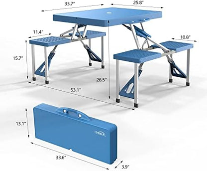 VINGLI 4 Ft Camping Picnic Table Set with 4 Seats with Umbrella Hole Folding Lightweight Suitcase Card Table-220 Lbs Support Aluminum Frame, Plastic RV Tabletop for Barbecue,Travel,Outing,Gathering