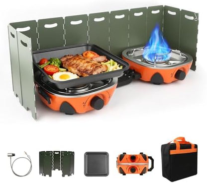 2 Burner Propane Camping Stove with Windshield,20,000 BTUs Folding Portable Camp Stove with Frying Pan,Carrying Bag,Dual Gas Stoves Easy Carrying for Tailgating,Camping,BBQ (Orange, Medium)