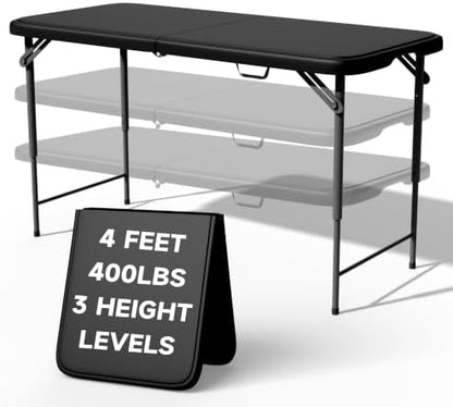 4 FT Folding Table, 3-Position Adjustable Height, Heavy Duty 400 lbs Capacity, Portable Table for Camping, Party, Indoor & Outdoor (Black, 1 Pack)