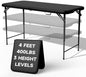 4 FT Folding Table, 3-Position Adjustable Height, Heavy Duty 400 lbs Capacity, Portable Table for Camping, Party, Indoor & Outdoor (Black, 1 Pack)