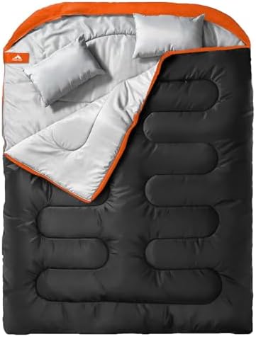 MEREZA Double Sleeping Bag for Adults Mens with Pillow, XL Queen Size Two Person Sleeping Bag for All Season Camping Hiking Backpacking 2 Person Sleeping Bags for Cold Weather & Warm
