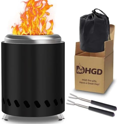HGD Small Tabletop Fire Pit 8.0 x 5.5 in, Portable Mini Smokeless Table Top Firepit, Low Smoke Camping Stove for Outdoor/Patio, with Travel Bag & Forks, Fueled by Pellets/Wood, Stainless Steel, Black
