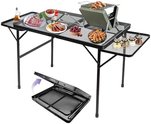 BRIAN & DANY 3x2 FT Camping Table with 2 Wing Panels, Folding Grill Table, Metal Portable Picnic Table, Lightweight Height Adjustable Foldable Table for Outdoor, Black
