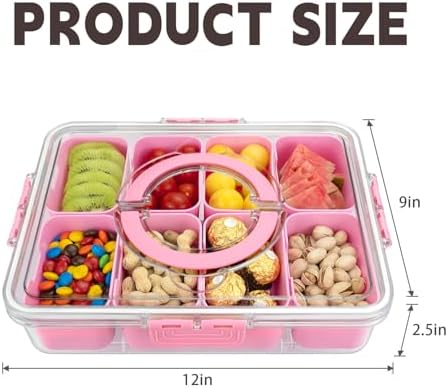 Divided Serving Tray with Lid and Handle, 8 Compartments Snack Box, Portable Platter for Candy Fruits Nuts, Snack Party Entertaining Picnic