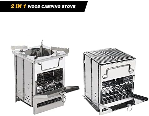 REDCAMP Wood Burning Folding Camp Stove Stainless Steel Grill and Pot Stand, Portable Collapsible Backpacking Stove Survival Rocket Stove for Hiking Outdoor Tent Camping Picnic, Largel with Pot Stand