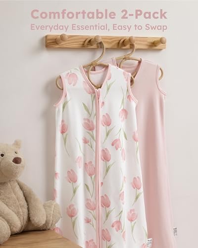 Baby Sleep Sack 6-12 Months 0.5 TOG, 100% Cotton Baby Wearable Blanket 2 Pack with 2-Way Zipper, Lightweight Sleep Bag for Boys ＆ Girls Newborn Infant Breathable Sleeing Sack Pink Tulip