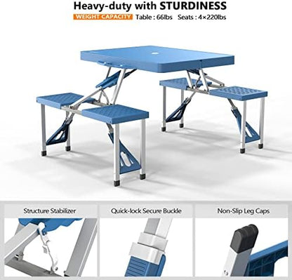 VINGLI 4 Ft Camping Picnic Table Set with 4 Seats with Umbrella Hole Folding Lightweight Suitcase Card Table-220 Lbs Support Aluminum Frame, Plastic RV Tabletop for Barbecue,Travel,Outing,Gathering