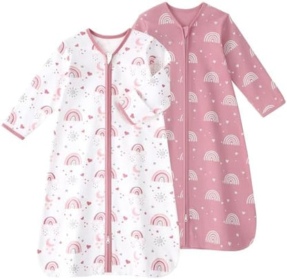 Baby Sleep Sack 18-24 Months, Long Sleeve Baby Wearable Blanket 0.5 Tog with Mittens, 2-Way Zipper Toddler Cotton Sleeping Sack for Boy and Girl Pink Rainbow 2 Pack(XLarge)
