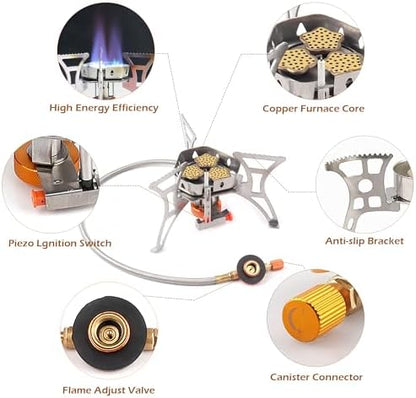 6800W Camping Stove with Fuel Canister Adapter, Portable Backpacking Gas Stove with Piezo Ignition, 1LB Propane Tank, Butane Adapter for Outdoor Cooking, Picnic, Camping and Hiking