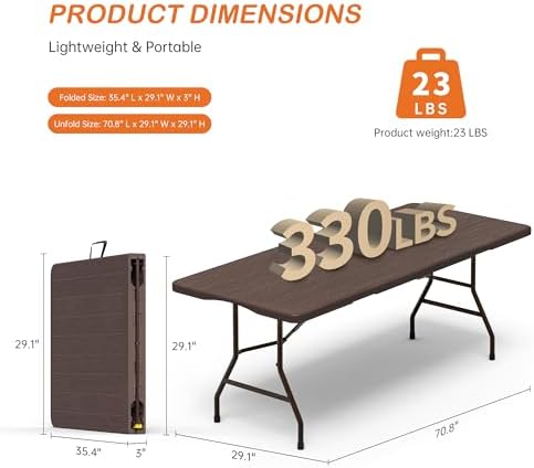 VSOAEIL 6 Foot Folding Table 2 Pack, 6 FT Foldable Plastic Table Heavy Duty