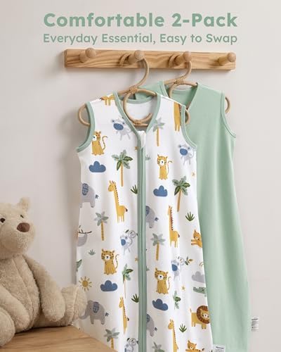 Baby Sleep Sack 6-12 Months 0.5 TOG, 100% Cotton Baby Wearable Blanket 2 Pack with 2-Way Zipper, Lightweight Sleep Bag for Boys ＆ Girls Newborn Infant Breathable Sleeing Sack Green Animal