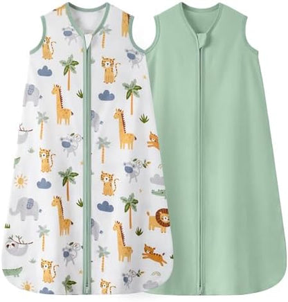 Baby Sleep Sack 6-12 Months 0.5 TOG, 100% Cotton Baby Wearable Blanket 2 Pack with 2-Way Zipper, Lightweight Sleep Bag for Boys ＆ Girls Newborn Infant Breathable Sleeing Sack Green Animal