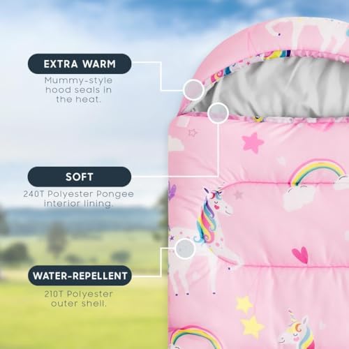 Wake In Cloud - Kids Sleeping Bag for Girls Toddlers, Camping in Warm Cold Weather, Backpacking Lightweight Compact Outdoor Liner for 3 Seasons, Unicorns Rainbow Clouds
