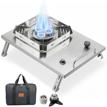 Camping Stove, Portable Foldable Stainless Steel Windproof Gas Stove with Electronic Ignition, Adjustable Flame, 25591 BTU Output, Includes Carry Bag, for IGT Table, Outdoor, Camping & Party Cooking