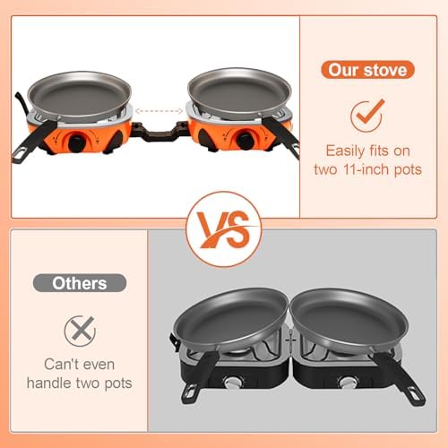2 Burner Propane Camping Stove with Windshield,20,000 BTUs Folding Portable Camp Stove with Frying Pan,Carrying Bag,Dual Gas Stoves Easy Carrying for Tailgating,Camping,BBQ (Orange, Medium)