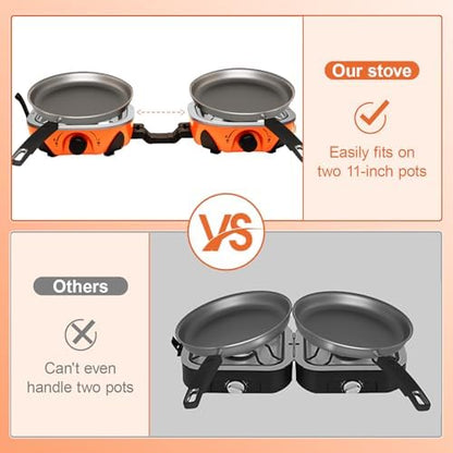 2 Burner Propane Camping Stove with Windshield,20,000 BTUs Folding Portable Camp Stove with Frying Pan,Carrying Bag,Dual Gas Stoves Easy Carrying for Tailgating,Camping,BBQ (Orange, Medium)
