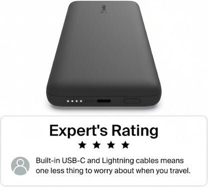 Belkin Portable Charger Power Bank for iPhone/Android - 10,000mAh, 23W Battery Pack for Phone with Integrated USB-C, Lightning Cables - Pass-Through Capability, Charge 2 Devices at Once
