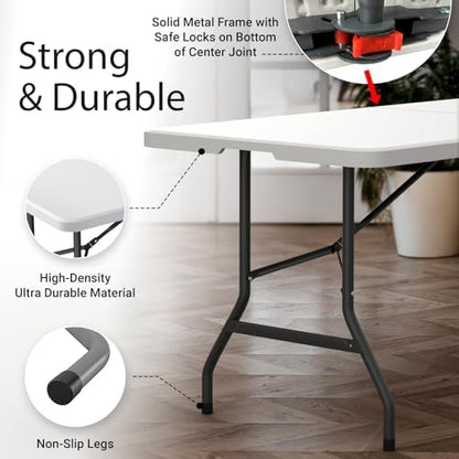 2 Pack of 6 Feet Foldable Table with Built in Handle & Steel Legs | 6FT Heavy Duty Folding Portable | Perfect for Party, Dining, Wedding, Events, Picnic Indoor, Outdoor Camping Folding - 6 Foot