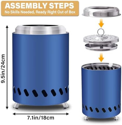 HGD 9.6 x 7.1 in Small Tabletop Fire Pit, Portable Mini Smokeless Table Top Firepit, Low Smoke Camping Stove for Outdoor & Patio, Fueled by Pellets or Wood, with Travel Bag, Stainless Steel, Blue