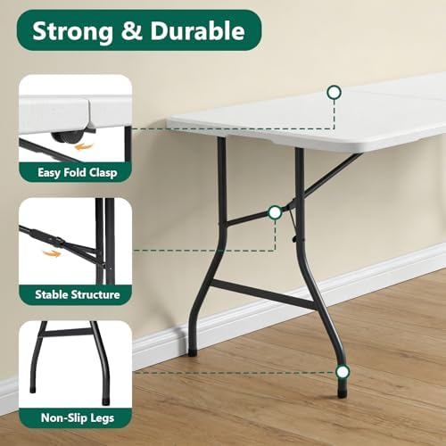 Folding Table 2 Pack, 5FT Folding Table Portable with Built-in Handle, Heavy Duty Plastic Table with Steel Legs Supports to 300lbs, Suitable for Party, Camping, Events Indoor&Outdoor Use, White