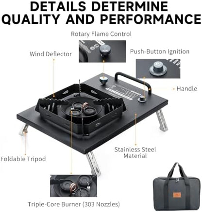 Portable Camping Stove, 25591 BTU, Folding Gas Stove, 304 Stainless Steel, Windproof, Electronic Ignition, Rotary Flame Control, Carry Bag Included, Matte Black, for IGT Table, Outdoor & RV Cooking.
