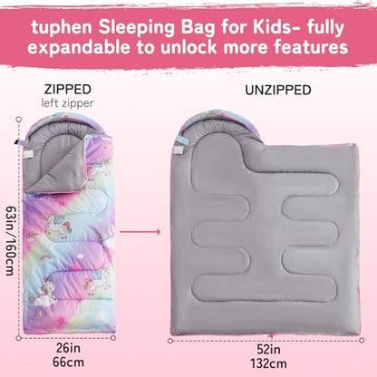 tuphen Kids Sleeping Bag - 50-77℉ 3-Season Waterproof Sleeping Bag for Boys & Girls, Lightweight 2.2 lbs Camping Gear with Compression Bag Ideal for Camping, Hiking, Indoor