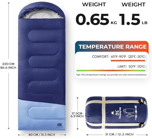 Ultralight Warm Weather Sleeping Bag - Portable, Waterproof, Compact Lightweight, Comfort with Compression Sack - Great for Outdoor Camping, Backpacking & Hiking
