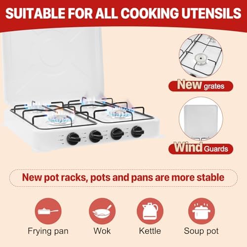 4-Burner Natural Gas Stove, Portable Camping Stove with Pressure-reducing Valve & Wind Guards for RV, Apartment, Outdoor Cooking, Dual Fuel Stove with LPG & NG Compatibility - White