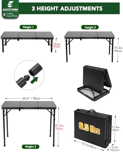 E EASTSTORM 3 Ft Small Folding Table, 3-Height Camping Table Foldable,Black