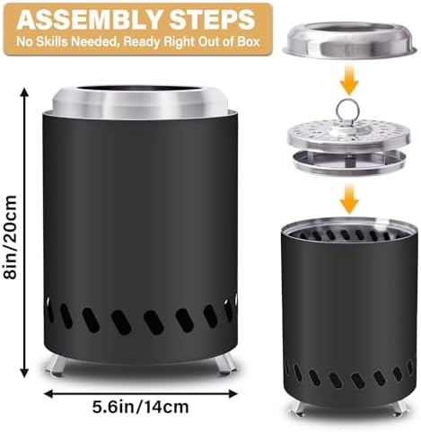 HGD Small Tabletop Fire Pit 8.0 x 5.5 in, Portable Mini Smokeless Table Top Firepit, Low Smoke Camping Stove for Outdoor/Patio, with Travel Bag & Forks, Fueled by Pellets/Wood, Stainless Steel, Black