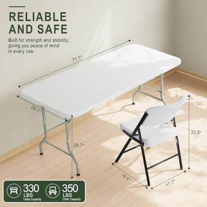 HULKFIT Portable 8-Piece Folding Table and Chairs Set, Heavy Duty 6ft Camping & Party Furniture for Indoor Outdoor Events, White